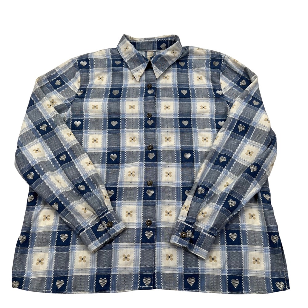 Alfred Dunner Plaid Heart Button Up Shirt Womens M Blue Woven Embroidered VTG